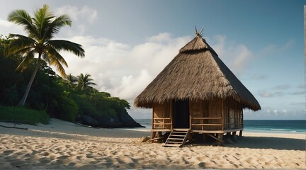 a nipa hut at the beach on a remote island at morning from Generative AI