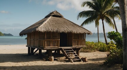 a nipa hut at the beach on a remote island at morning from Generative AI