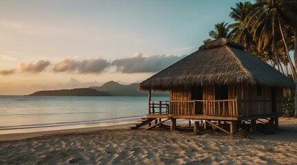 a nipa hut at the beach on a remote island at sunset from Generative AI