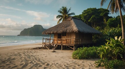 a nipa hut at the beach on a remote island at morning from Generative AI