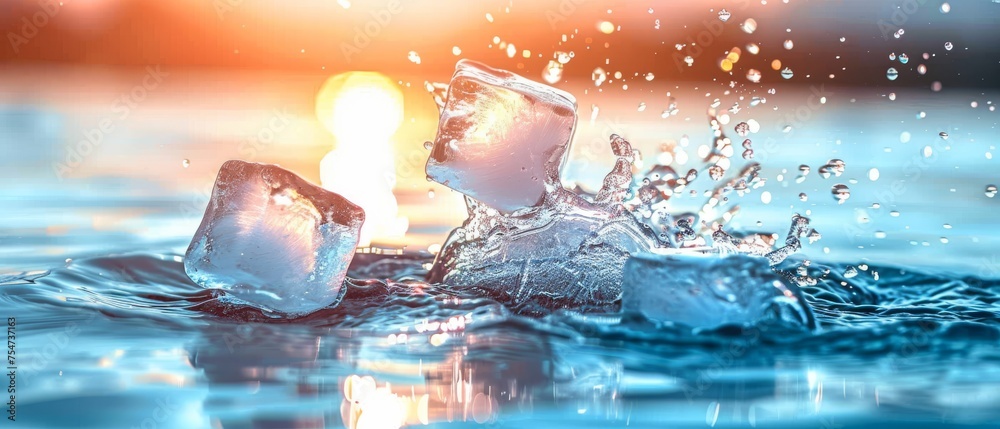 Poster splashing ice cubes - cold and refreshing