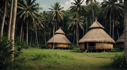 Fototapeta na wymiar a village of nipa huts on the middle of forest from Generative AI