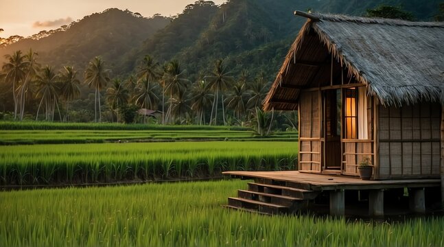 a nipa hut on the middle of rice fields farm at sunset from Generative AI