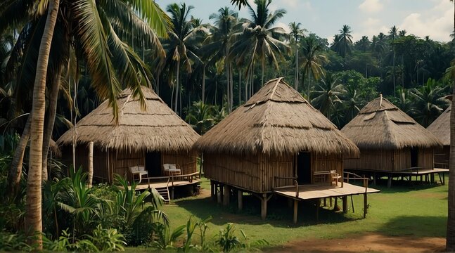 a village of nipa huts on the middle of forest from Generative AI
