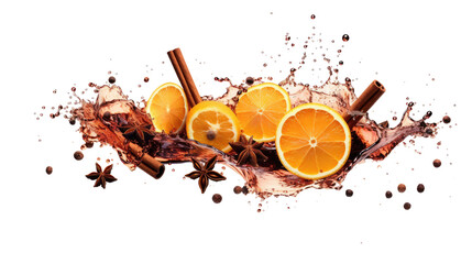 splashes of mulled wine and falling cinnamon, dried orange, anise, cloves, isolated on a white background - obrazy, fototapety, plakaty