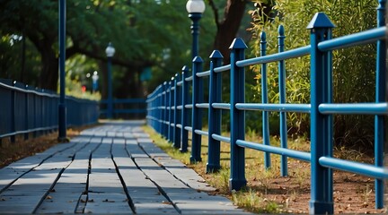 blue metal fence railings on side of park from Generative AI