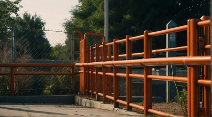 orange metal fence railings on side of park from Generative AI