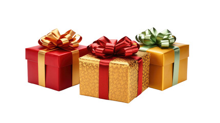 Obraz premium three decorated Christmas gift boxes levitate isolated on a white background