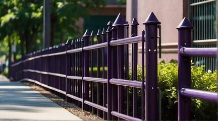 purple metal fence railings on side of park from Generative AI - obrazy, fototapety, plakaty