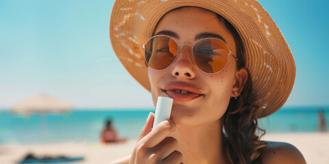 Close-up of a smiling young woman with sunglasses applying lip balm on a sunny beach