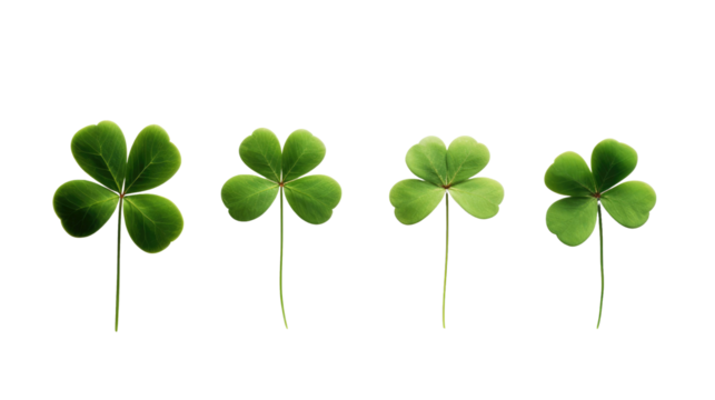 three-leaf and four-leaf clover in a row on a white isolated background