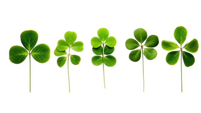 three-leaf and four-leaf clover in a row on a white isolated background