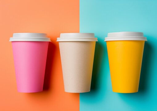 Colorful Disposable Coffee Cups on Dual-Tone Background, Top View