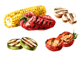 Grilled vegetables and mushrooms set. Watercolor hand drawn illustration isolated on white background