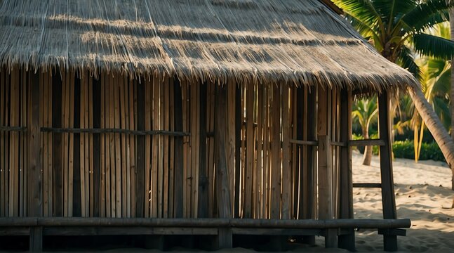 wooden fence on side of a nipa hut at the beach at morning from Generative AI