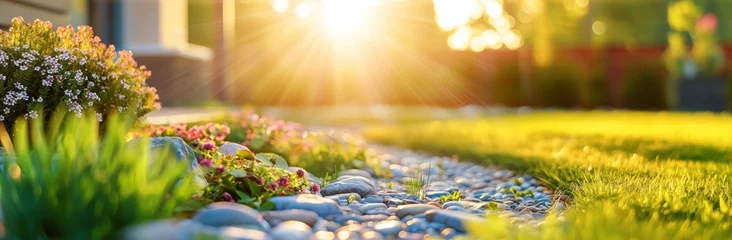 Photo sur Plexiglas Jaune Radiant Sunset Over Lush Garden Lawn with Flower Beds and Decorative Stones