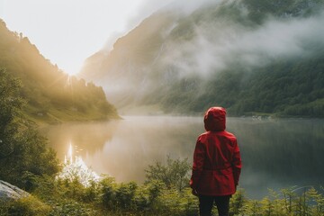 Wanderer in roter Jacke an einem See in den Bergen  - obrazy, fototapety, plakaty