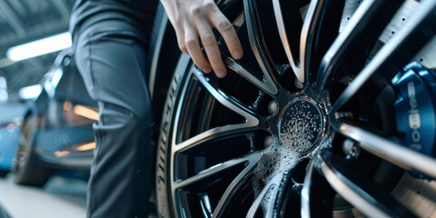 Sharp image of a person's hand cleaning a modern car's alloy wheel with a brush, in a well-lit auto workshop