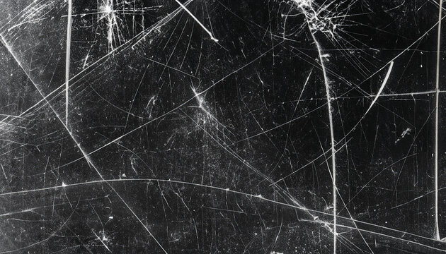 White scratches and dust on black background. Vintage scratched grunge plastic broken screen texture. Scratched glass surface wallpaper. Space for text.