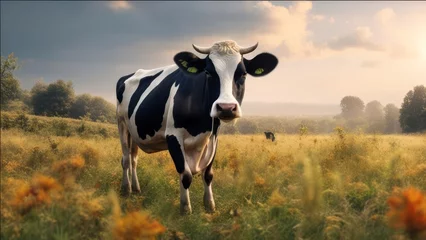 Fotobehang A cow is grazing in a meadow. © Lednev
