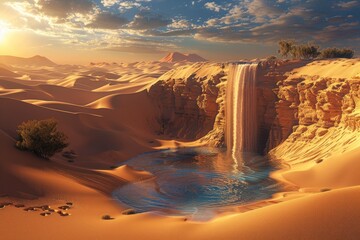 A desert with an oasis as a portal to another world - obrazy, fototapety, plakaty