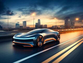 futuristic EV car or luxury sports car fast vehicle on highway with full self driving system...