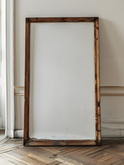 A wooden picture frame rests on the hardwood floor beside a wall
