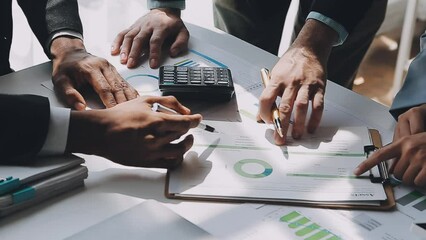 Finance manager meeting discussing company growth project success financial statistics, professional investor working start up project for strategy plan with document, laptop and digital tablet.