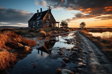 Sunset Glow on Secluded Country House. 