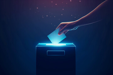 the hand puts the ballot into the ballot box on a dark blue illuminated background - obrazy, fototapety, plakaty