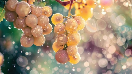 white grapes on vine with rain drops, in the style of light crimson and purple, national geographic photo, high quality photo, ultrafine detail, creative commons attribution, texture-rich layers 