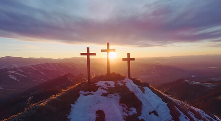 Alpine Crucifix Silhouettes at Sunset – A Spiritual Vista on Snow-Capped Peaks
