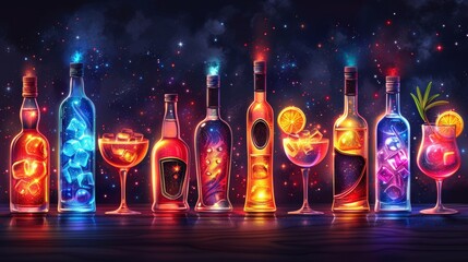 The vector illustration depicts bottles and glasses of alcohol on a dark background.