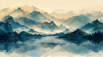 Gordijnen The Chinese style abstract ink landscape art wallpaper is suitable for print and digital media, rugs, wallpapers, wall art, graphic design, social media, posters, gallery walls, t-shirts and more. © DZMITRY