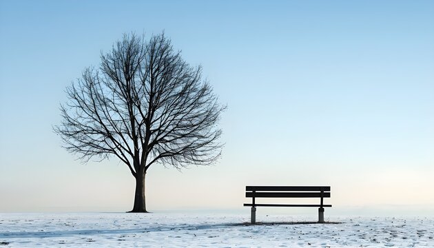 Lonely tree with bare branches in winter and empty bench against clear sky