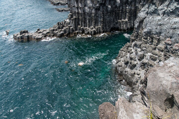 View of the columnar jointings at the seaside of Jeju Island