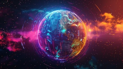 Obraz premium Digital Earth Network, digital artwork showcases Earth enveloped in a complex network of cybernetic patterns, glowing with neon lights against a backdrop of deep space, symbolizing global connectivity