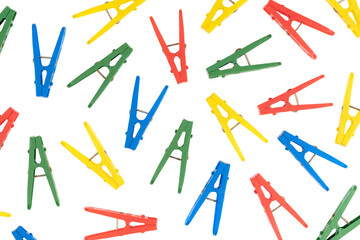 Household сlothes pins isolated on white background. colorful plastic clothespin