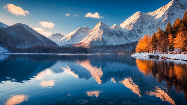 lake and mountain Beautiful colorful landscape. Sunset. Panoramic view of beautiful mountain landscape in the mountains.