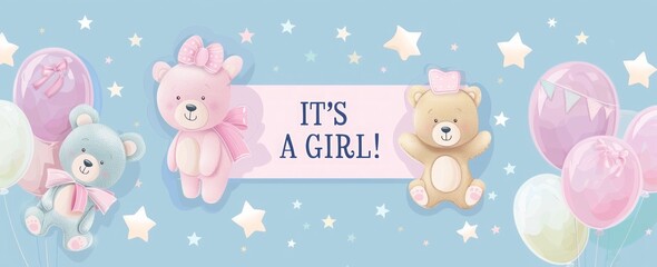 Baby shower template for girl. Its a girl baby shower invitation with lettering. Cute cartoon style baby girl with a hot air balloon, rainbow, toys, sun and clouds