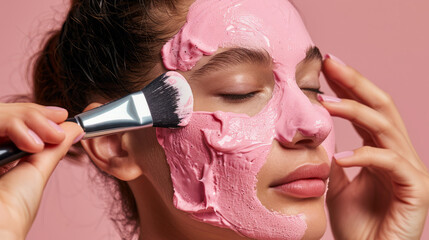 Woman applying a vibrant pink facial mask with a brush for skincare routine