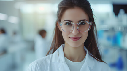Fototapeta premium A woman wearing glasses and a white lab coat is smiling for the camera. She is a scientist or a medical professional