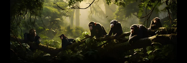 Fotobehang A delightful glimpse into the daily life of chimpanzees in a dense forest habitat © Millie