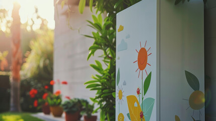 Battery with cute decals on sunny house wall, near flower pots. Battery with leaf stickers makes home energy fun, great for environment.