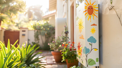 Battery with cute decals on sunny house wall, near flower pots. Battery with leaf stickers makes home energy fun, great for environment. - obrazy, fototapety, plakaty