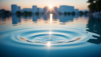 Smooth surface of water at sunset, waves diverge on the surface of the water from a drop, on the horizon the city is reflected in the water