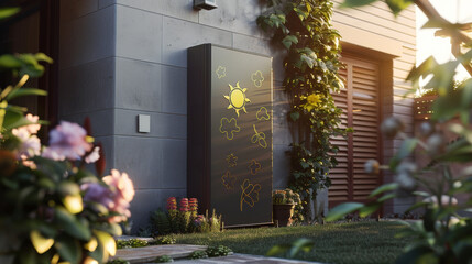 Battery with cute decals on sunny house wall, near flower pots. Battery with leaf stickers makes home energy fun, great for environment.