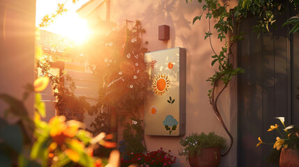 Battery with cute decals on sunny house wall, near flower pots. Battery with leaf stickers makes home energy fun, great for environment. - obrazy, fototapety, plakaty