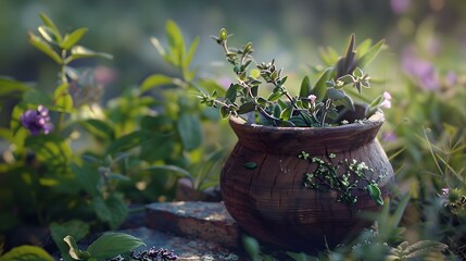 Charming rustic clay pot amid lush garden flora. simple elegance in nature photography. ideal for decoration and themes around tranquility. AI