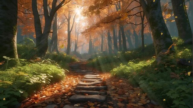 Soothing ambiance along a forest path during the fall season, featured in a 4k resolution loop